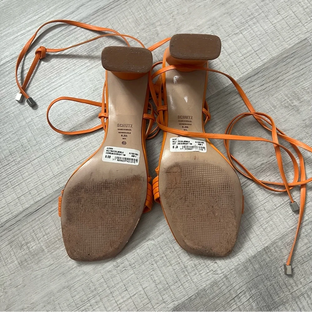 SCHUTZ Glenna Ankle Tie Sandal Bright Tangerine Orange Wrap Block Heel 8.5